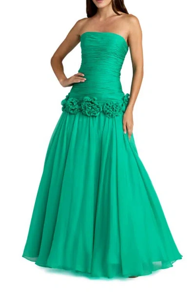 Mac Duggal Strapless Chiffon Drop Waist Ball Gown With Floral Appliqué In Green