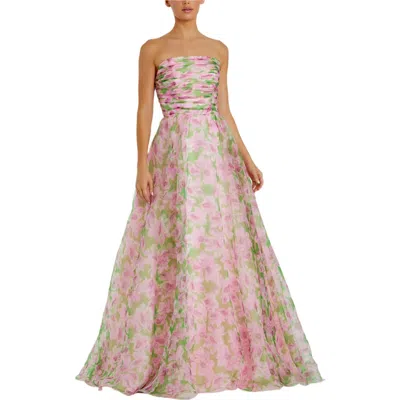 Mac Duggal Strapless Chiffon Gown With Ruffle Detail In Multi