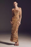 Mac Duggal Floral Sequin Mesh Strapless Column Ankle Dress In Gold