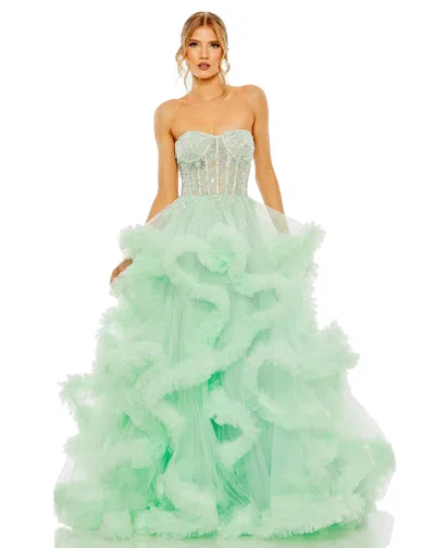 Mac Duggal Strapless Corset Detail Tulle Layered Gown In Blue