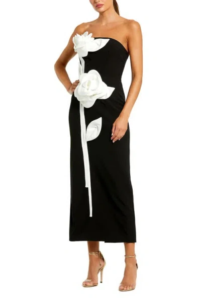 Mac Duggal Strapless Crepe Ankle Dress With 3d Satin Flowers In Black