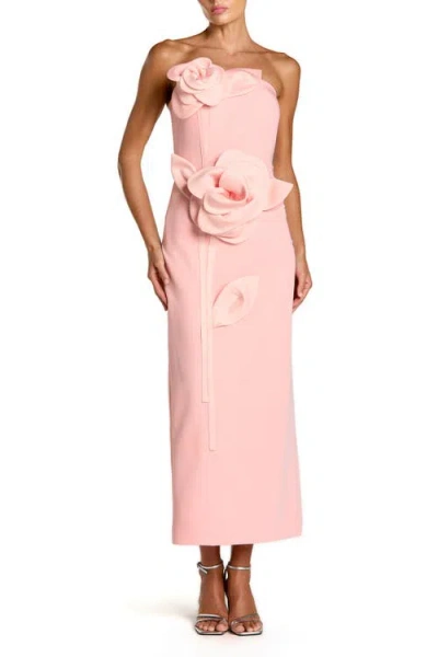 Mac Duggal Strapless Crepe Ankle Dress With 3d Satin Flowers In Pink