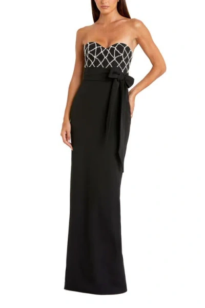 Mac Duggal Strapless Crepe Embellished Bustier Gown With Bow In Black