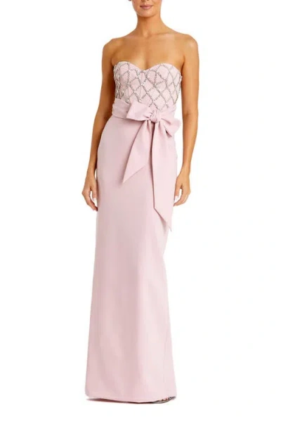 Mac Duggal Strapless Crepe Embellished Bustier Gown With Bow In Rose
