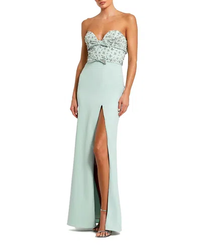 Mac Duggal Strapless Crepe Fitted Gown With Rhinestones In Mint