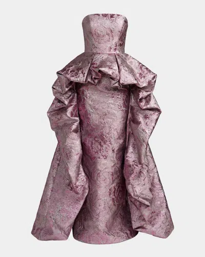 Mac Duggal Strapless Draped Brocade Bubble Gown In Rose