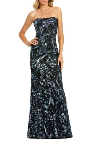 Mac Duggal Strapless Embellished Abstract Column Gown In Black Multi