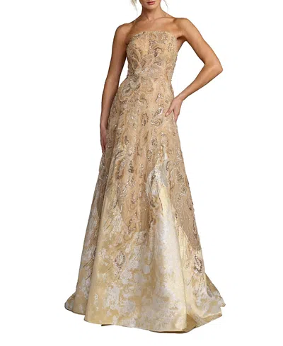 Mac Duggal Strapless Embellished Brocade A-line Gown In Brown