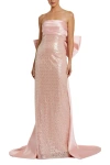 Mac Duggal Strapless Embellished Gown With Back Bow Detail In Blush