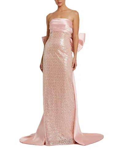 Mac Duggal Strapless Embellished Gown With Back Bow Detail In Pink