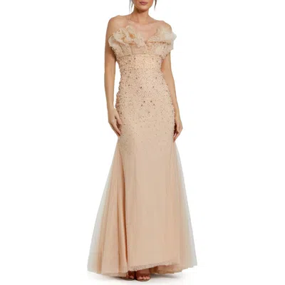 Mac Duggal Strapless Embellished Tulle Mermaid Gown In Porcelain