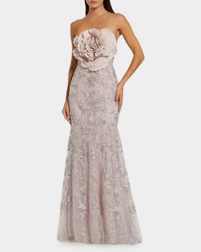 Mac Duggal Strapless Beaded Applique Mermaid Gown With Flower In Neutral