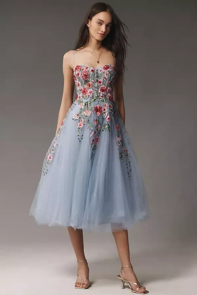 Mac Duggal Strapless Embroidered Tulle Midi Dress In Blue