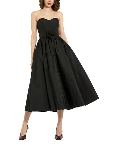 Mac Duggal Strapless Faille A-line Rose Detailed Midi Dress In Black