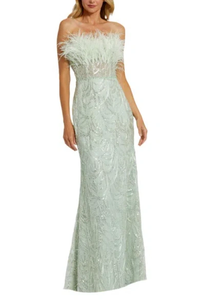 Mac Duggal Strapless Feather Bustier Gown With Embroidery In Mint
