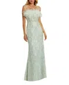 Mac Duggal Strapless Feather Bustier Gown With Embroidery In Mint