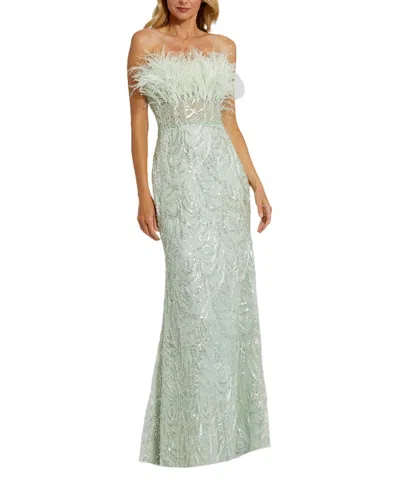 Mac Duggal Strapless Feather Bustier Gown With Embroidery In Mint