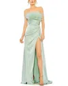 Mac Duggal Strapless Feather Detail Satin Gown In Green