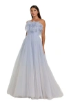 Mac Duggal Strapless Feather Hem Tulle Gown