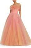 Mac Duggal Strapless Feather Hem Tulle Gown In Coral Ombre
