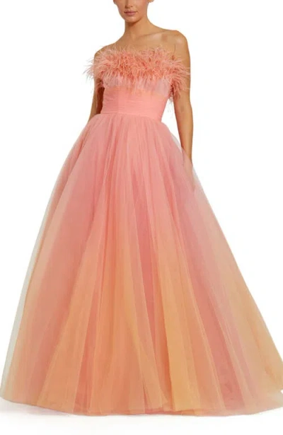 Mac Duggal Strapless Feather Hem Tulle Gown In Coral Ombre