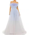 Mac Duggal Strapless Tulle Gown With Feather Accents In Blue