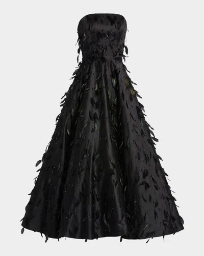 Mac Duggal 11634 Long Strapless Feather Embellished Ball Gown In Black