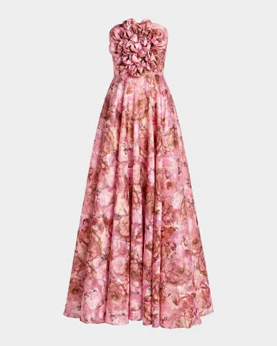Mac Duggal Strapless Floral Printed A-line Gown With 3d Flower In Multi