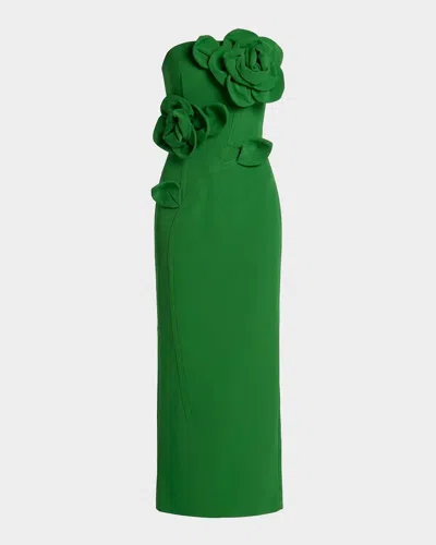 Mac Duggal Strapless Floral Applique Crepe Maxi Dress In Green