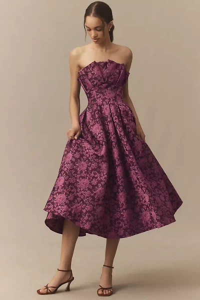 MAC DUGGAL STRAPLESS FLORAL BROCADE A-LINE MIDI DRESS
