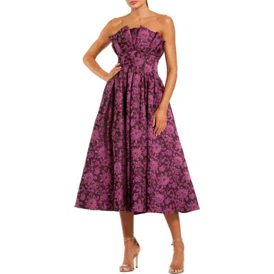 MAC DUGGAL MAC DUGGAL STRAPLESS FLORAL BROCADE A-LINE MIDI DRESS