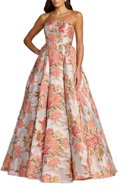 Mac Duggal Strapless Floral Brocade Ball Gown With Pockets In Pink