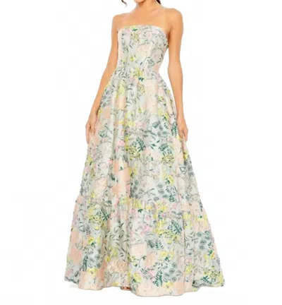 Mac Duggal Strapless Floral Brocade Dress In Pastel Multi In Green