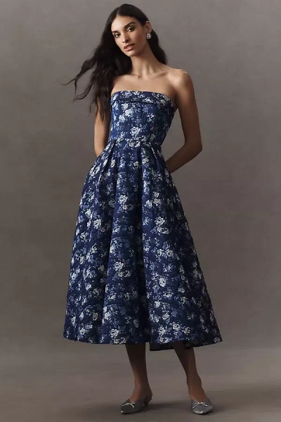 MAC DUGGAL STRAPLESS FLORAL BROCADE FIT & FLARE MIDI DRESS