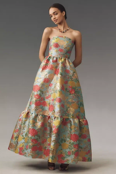 Mac Duggal Strapless Floral Brocade Maxi Dress In Blue