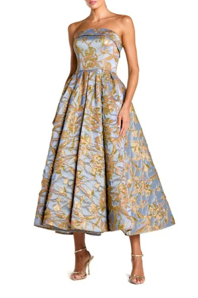 Mac Duggal Strapless Floral Brocade Midi Dress With Pockets In Gray