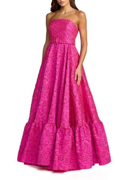 Mac Duggal Strapless Floral Brocade Ruffle Hem Gown With Belt In Pink