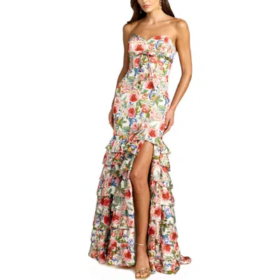 Mac Duggal Strapless Floral Charmeuse Ruffle A Line Gown In Multi