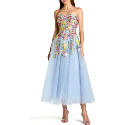Mac Duggal Strapless Floral Embroidered A-line Midi Dress In Blue