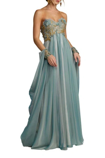 Mac Duggal Strapless Chiffon Gown With Floral Embroidery In Blue