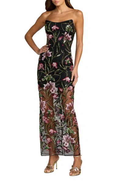 Mac Duggal Strapless Floral Embroidered Column Dress In Black