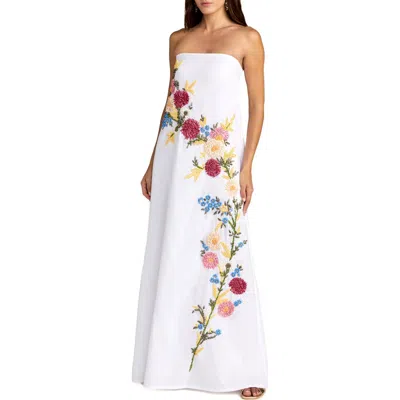 Mac Duggal Strapless Floral Embroidered Linen Gown In Multi