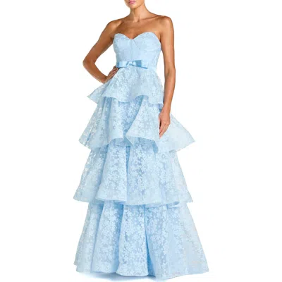 Mac Duggal Strapless Floral Organza Tiered Gown With Bow In Blue