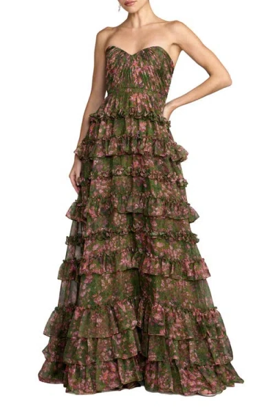 Mac Duggal Strapless Floral Print Tiered Ruffle Ball Gown In Green