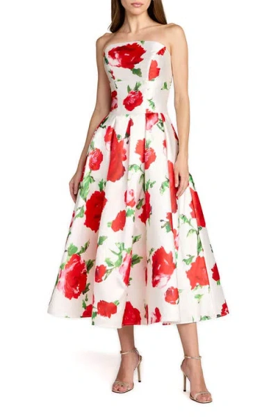 Mac Duggal Strapless Floral Printed A Line Midi Dress In White
