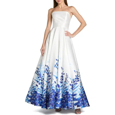 Mac Duggal Strapless Floral Printed Mikado Ball Gown In White