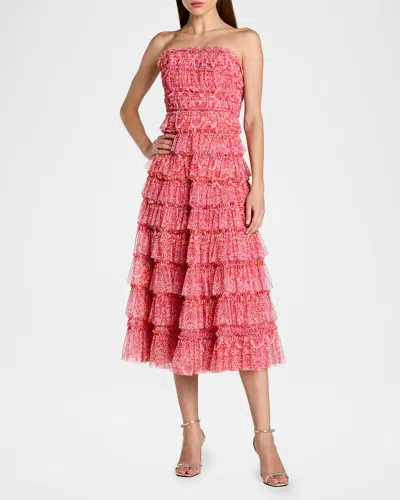 Mac Duggal Strapless Floral Tiered Midi Dress In Pink