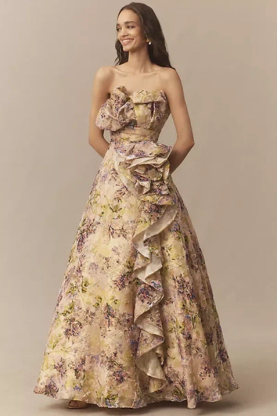 Mac Duggal Strapless Floral Velvet Maxi Dress In Multi