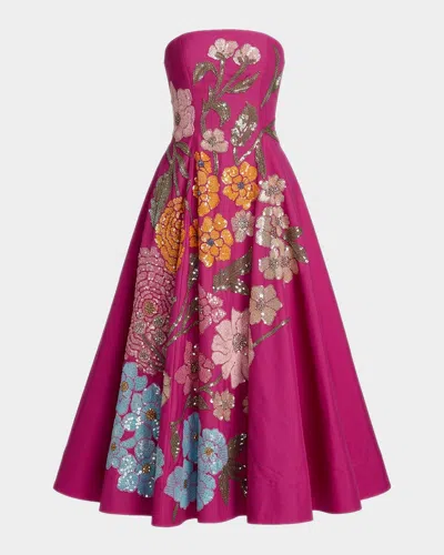 Mac Duggal Strapless Floral-embellished A-line Midi Dress In Pink