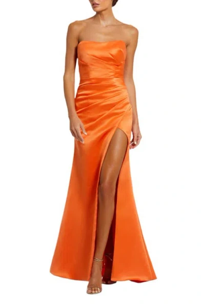 Mac Duggal Strapless Gathered High Slit Gown In Sherbet